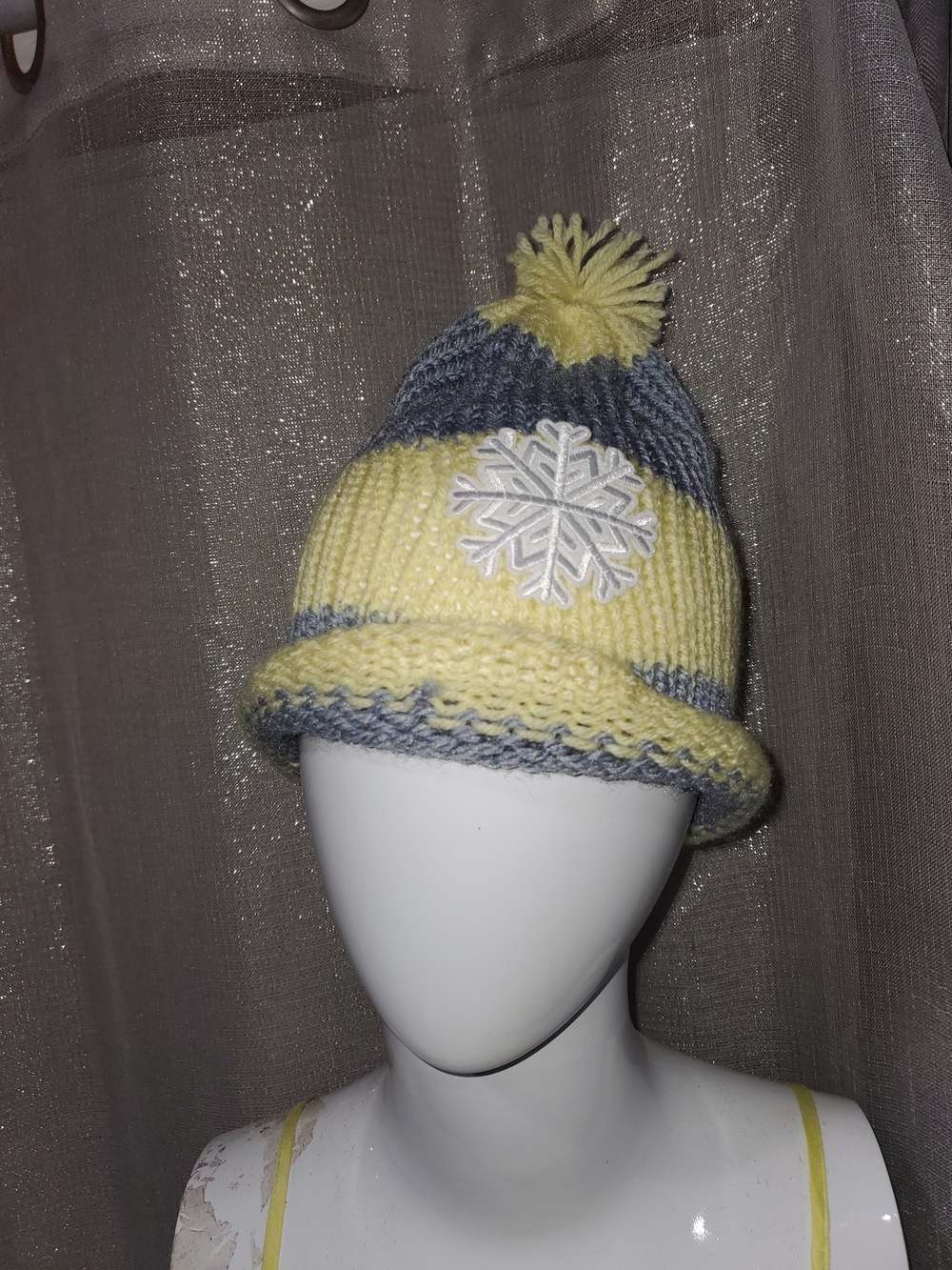 HandKnit Pom Pom Beanie with Snowflake Patch - Yellow & Gray